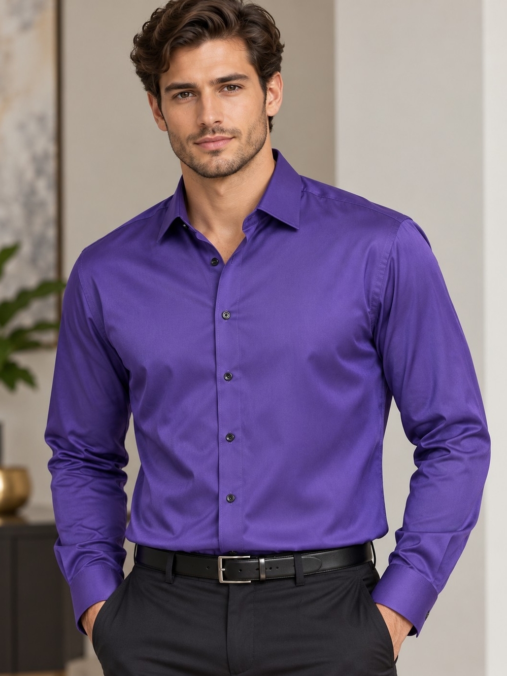 Men’s Purple Satin-Look Dress Shirt XXXL Stretch Long Sleeve
